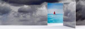 tiny door on a stormy day leading to a boat on calm seas