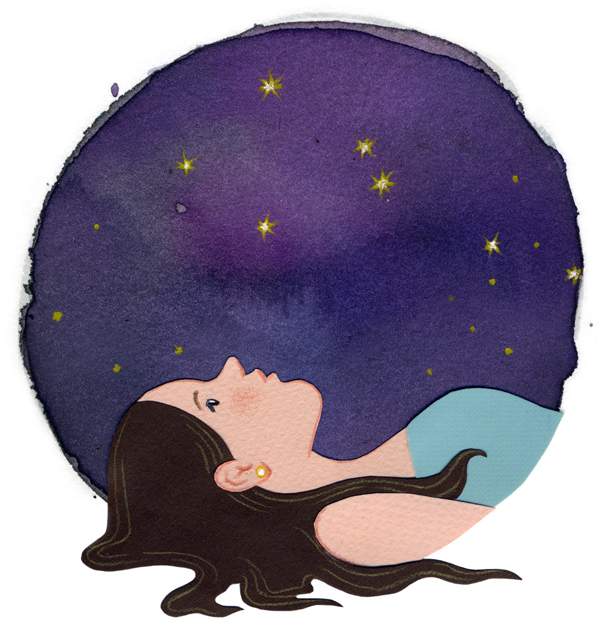 illustration woman looking up at night sky