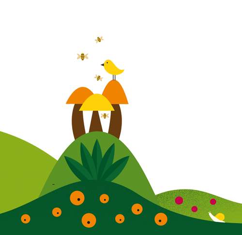 illustration bird perched on mushrooms