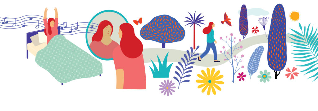 The power of sustainable self-care - Illustration of a woman looking in the mirror, waking up in bed, and walking down an outdoor path.
