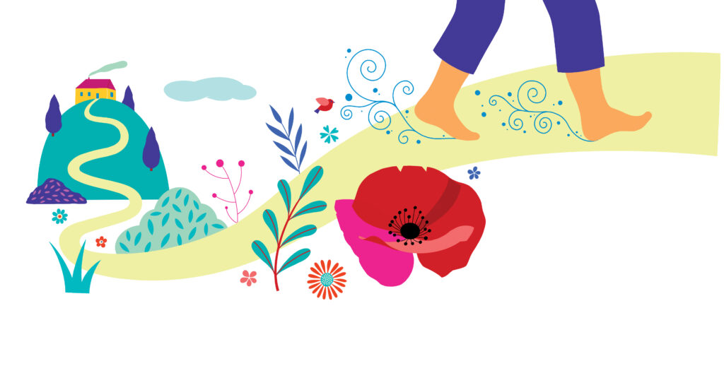 The power of sustainable self-care - Illustration of a person walking down an outdoor path.