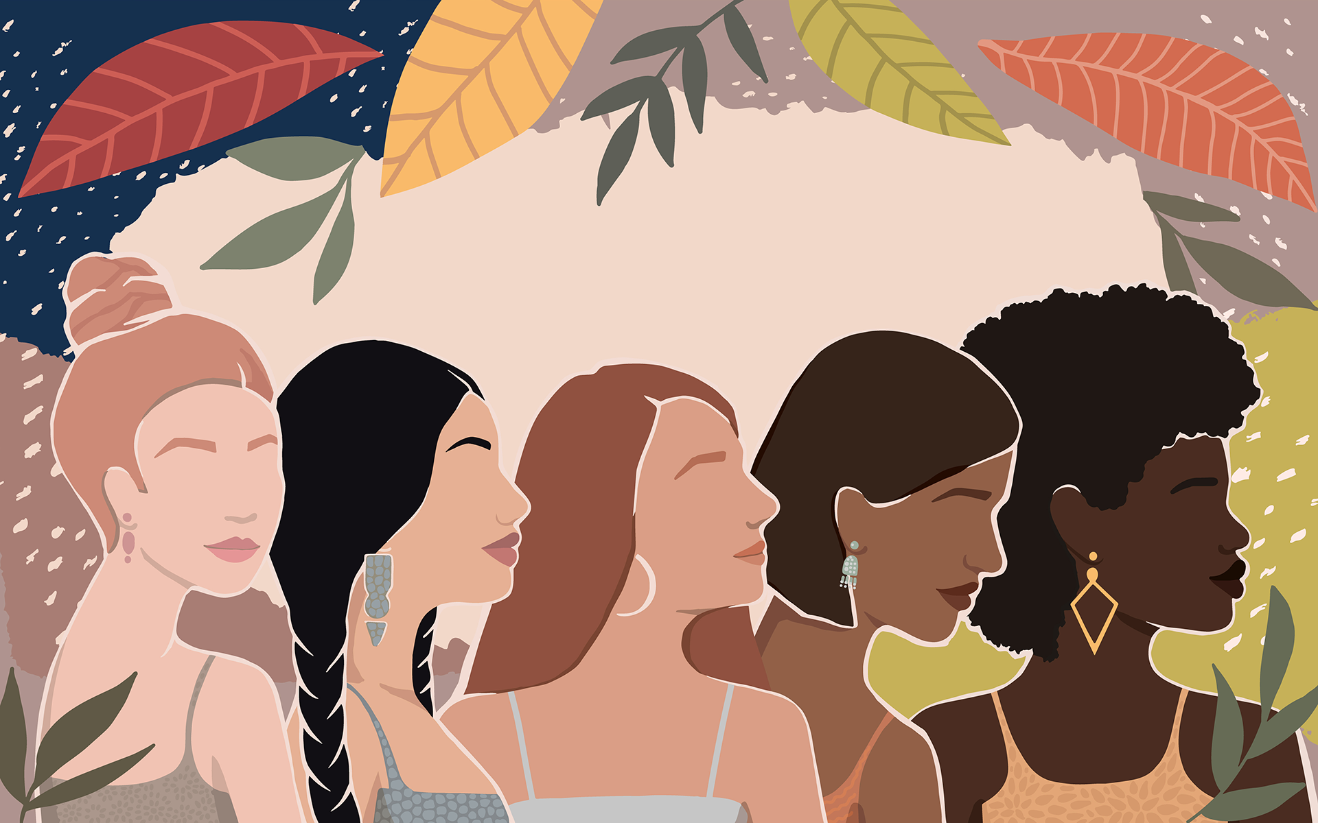 10 Powerful Women of the Mindfulness Movement- 2022—Illustration of five diverse women in a line with a background of red, yellow, green, and brown foliage.