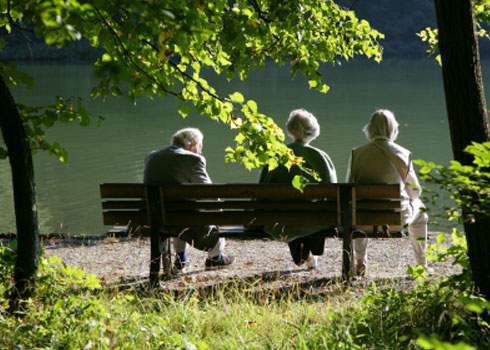 Three elderly individuals sit on a park bench by a serene lake. They are surrounded by lush greenery, with sunlight filtering through the leaves. The atmosphere is peaceful and contemplative.