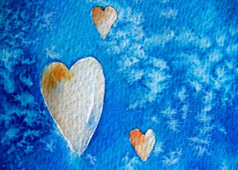 A watercolor painting featuring three heart shapes of different sizes floating on a vibrant blue background. The hearts are painted in soft, blended shades of white, yellow, and orange, creating a gentle and serene visual effect.