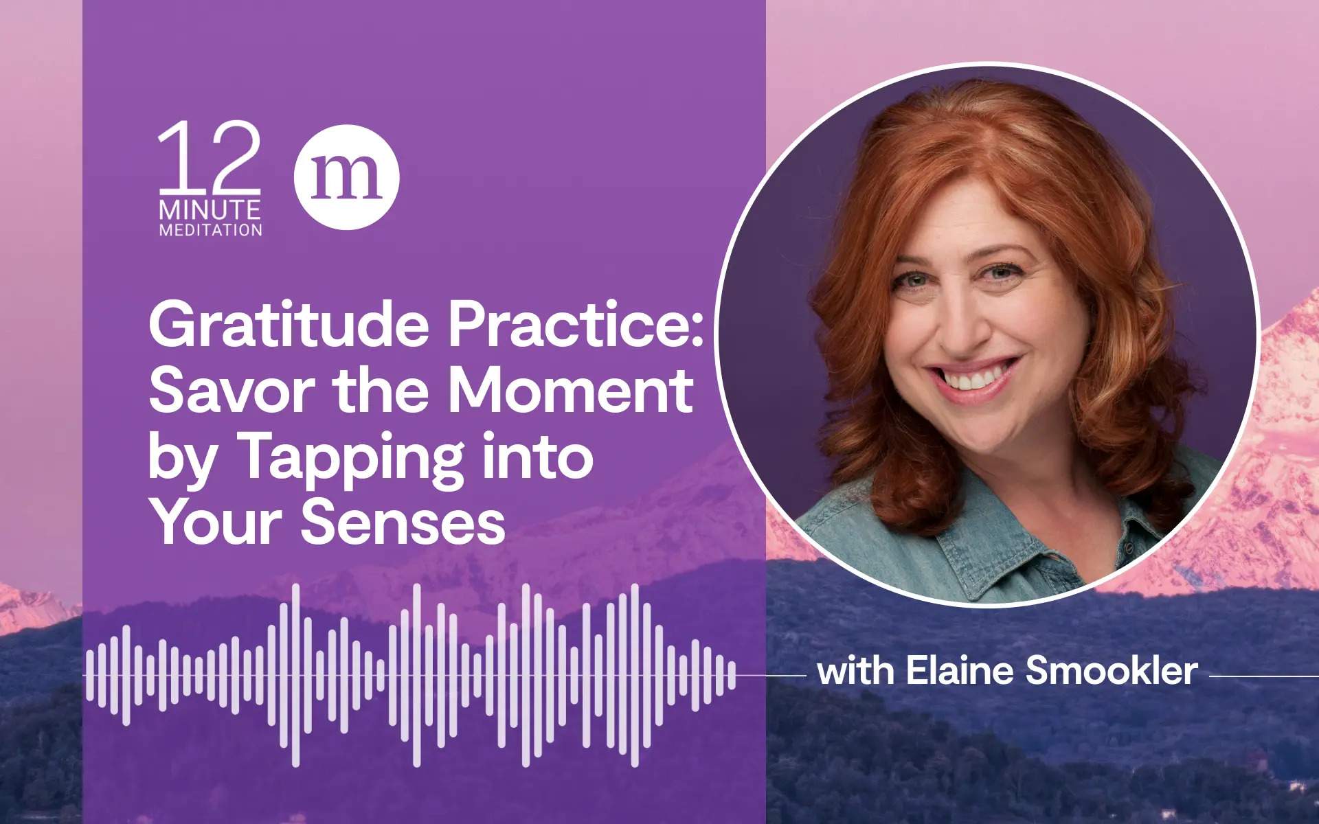 Podcast cover: Savor the Moment—Gratitude Practice with Elaine Smookler, purple background, mountain image.