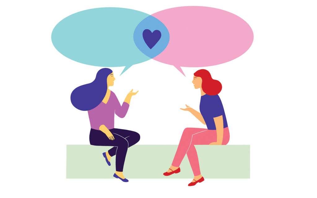 The power of sustainable self-care - Illustration of two women deep in conversation.