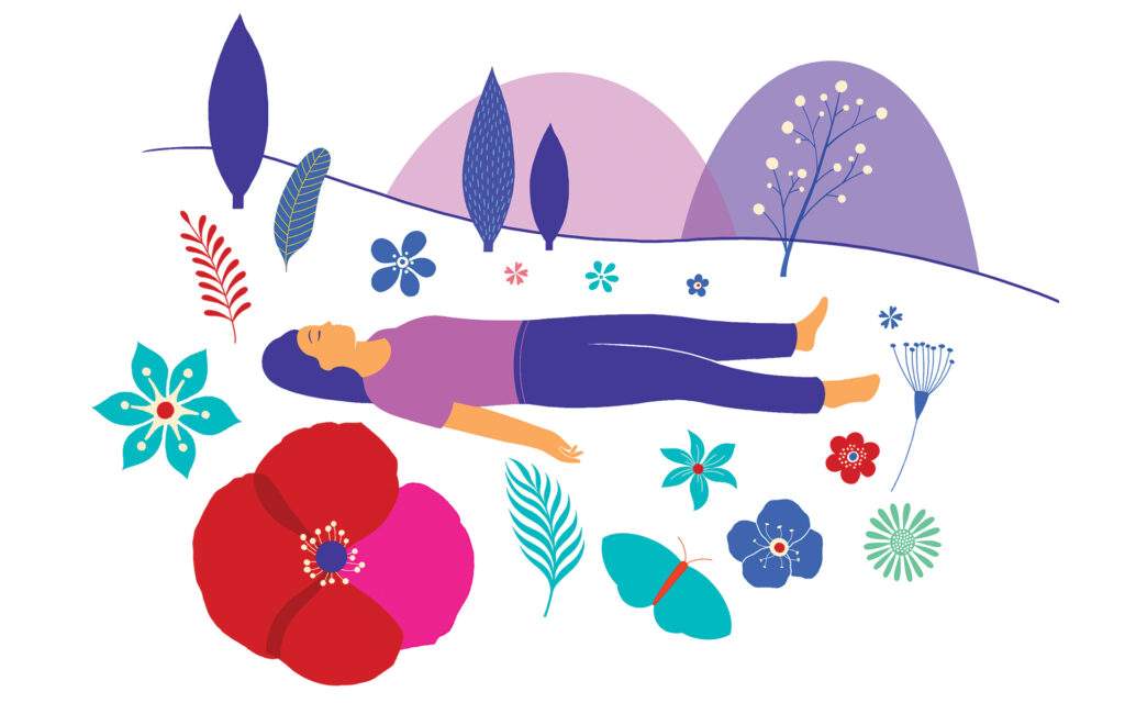 The power of sustainable self-care - Illustration of a woman lying down for meditation.