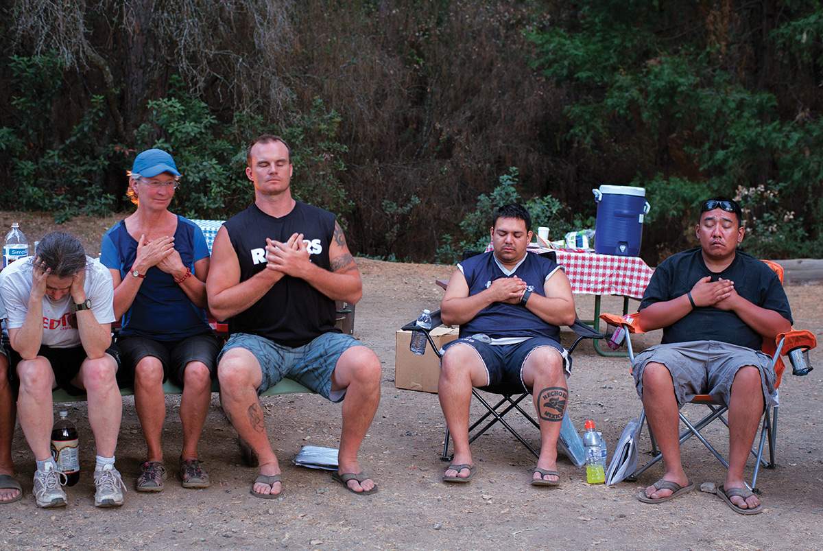 As the vets journey through the wilderness, they learn to work through their life challenges in tandem with the obstacles they face among the rapids—and in frequent moments of silent contemplation. From left: Cheryl Wachenheim, Chris Fortin, Matt Huffman, Roger Chiprez, Danny Martinez.