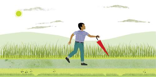 illustration man walking with umbrella closed