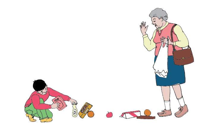 small child helps woman pick up groceries that have fallen out of a bag