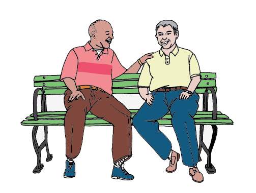 two older men on bench, chatting happily