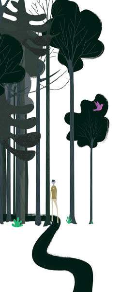 man walking through white and weird-looking forest