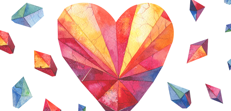 polygonal watercolor heart with diamonds in background