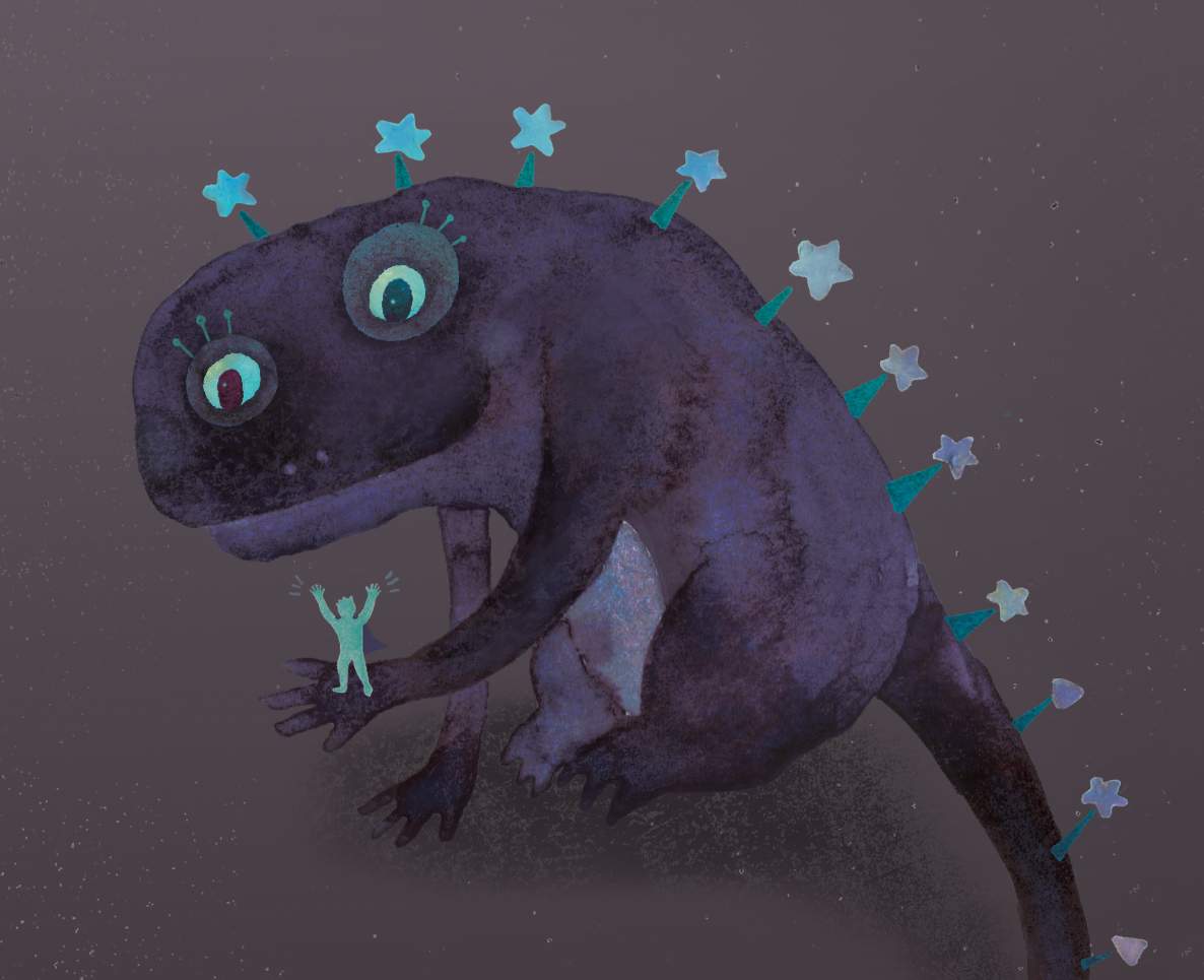 illustration monster holding tiny person