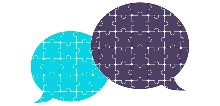 illustration two conversation bubbles overlapping, each consists of puzzle pieces