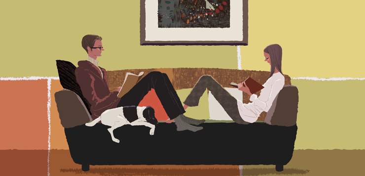 illustration couple reading on sofa with dog