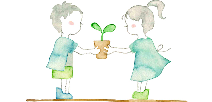 illustration two kids holding a plant