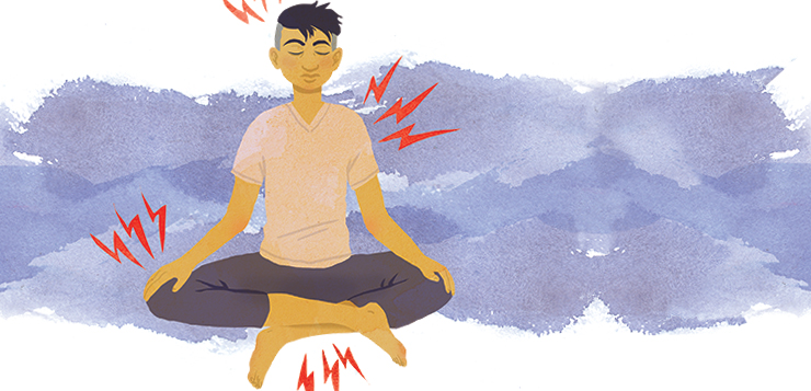 man sitting in meditation, pain radiating off various parts of his body