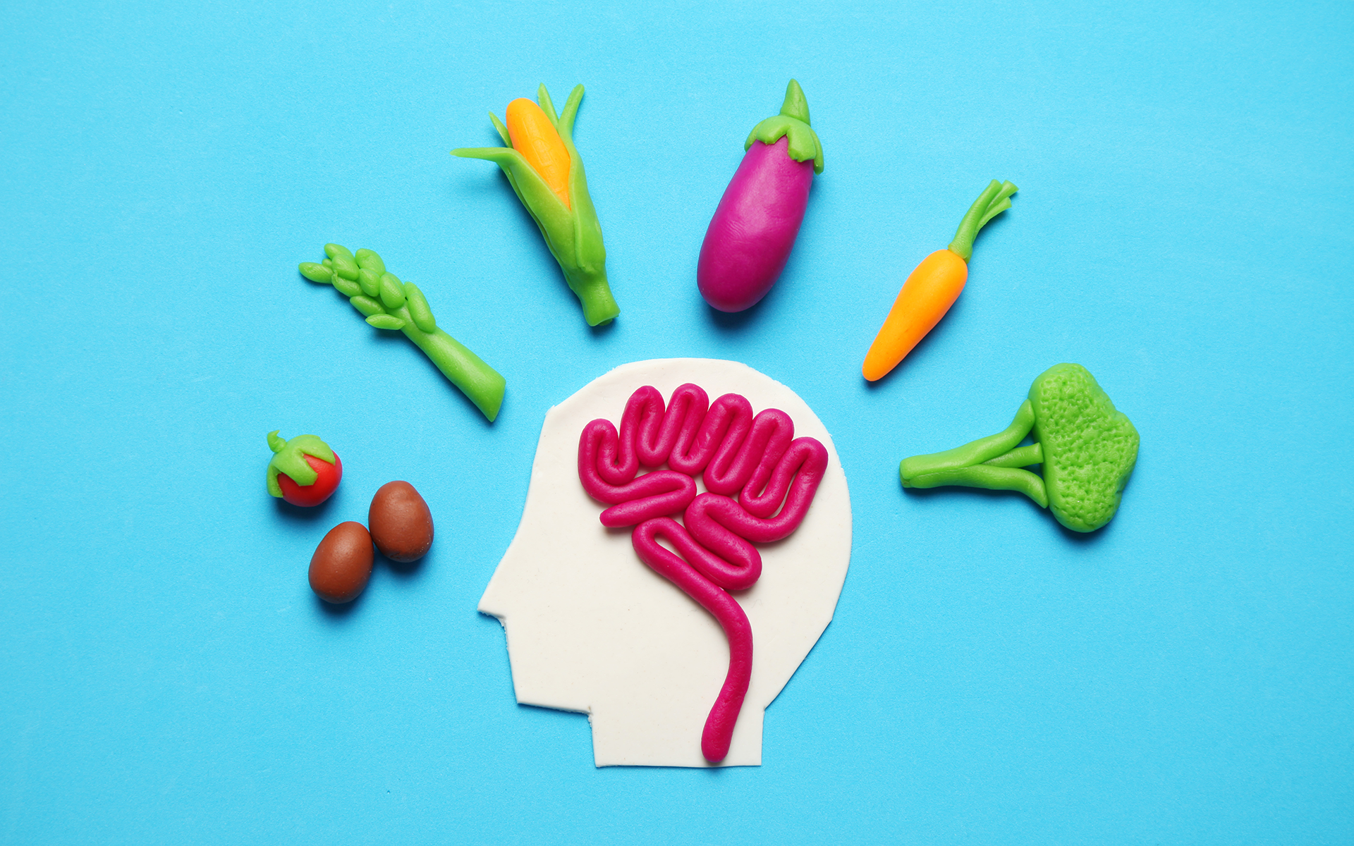 3 Ways to Improve Your Gut-Brain Connection (and Your Mood)—Plasticine healthy foods surround a white figure of someone's head.
