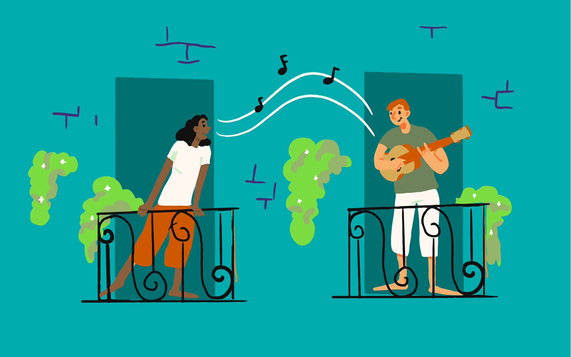 Illustration of two people standing on their separate balconies that are on a teal building. The person on the left is Black and singing while the person on the right is white and playing a guitar.