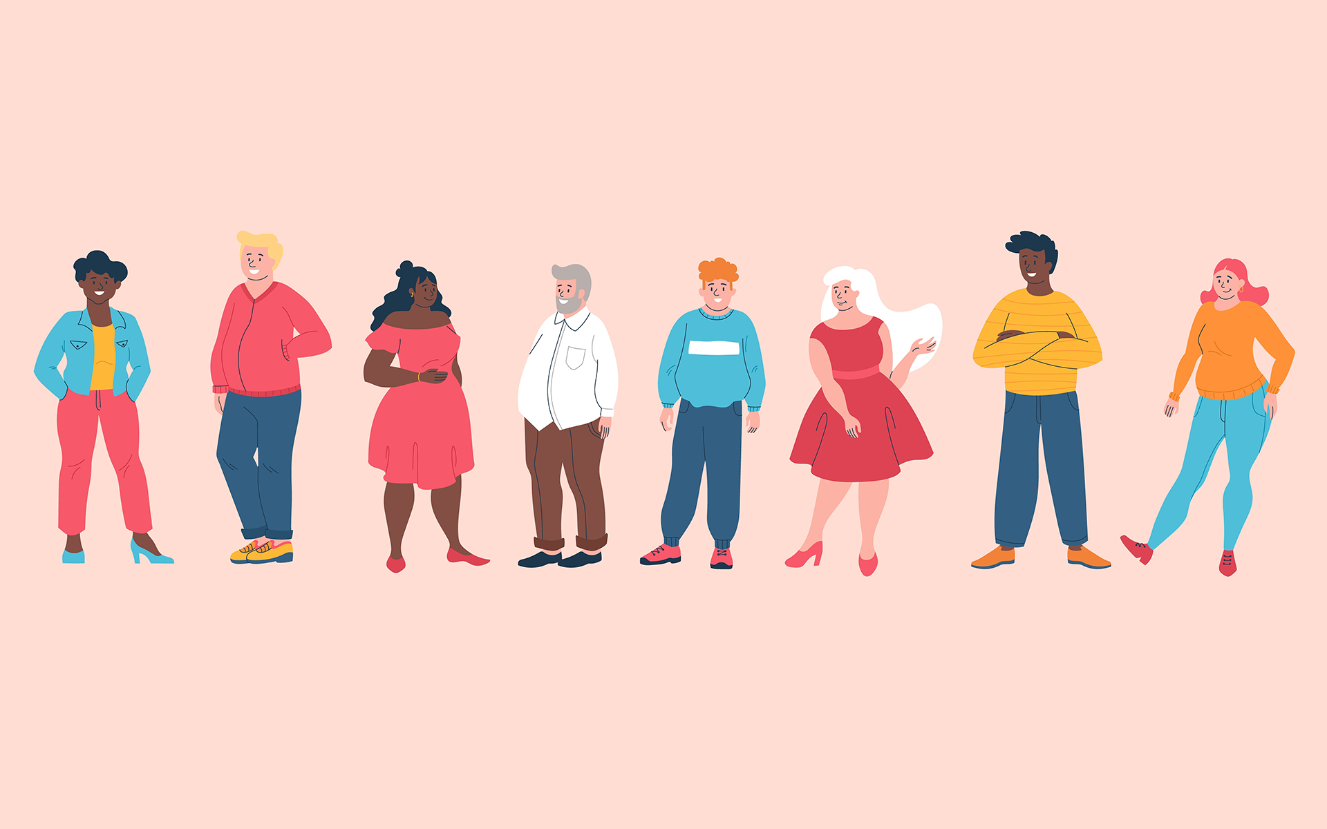 5 Ways to Shift from Diet Culture to Loving Your Body —Illustration of 8 people who are diverse in race, age, shape, and gender presentation stand in a line wearing colourful clothes, with a light pink background.