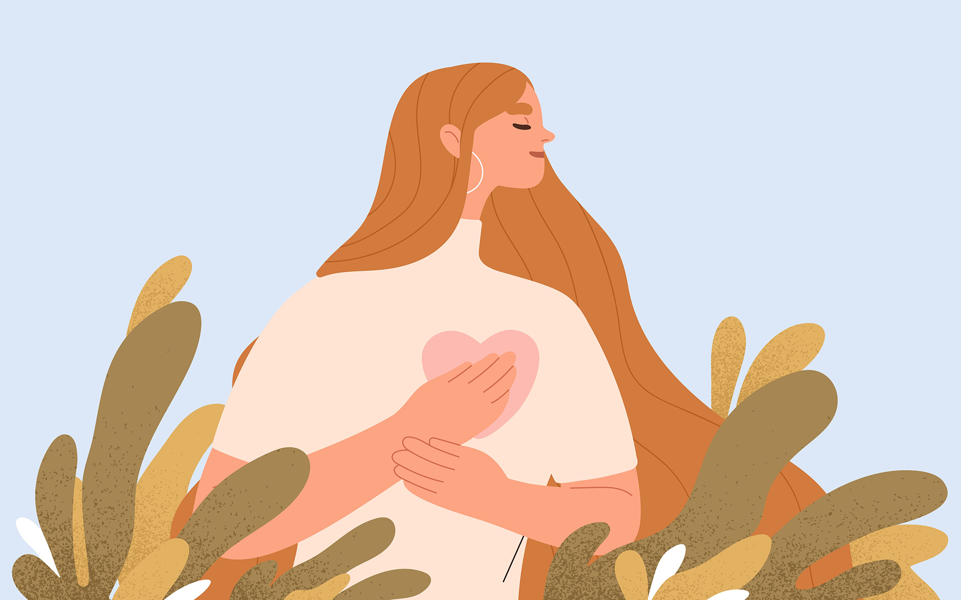 A 12-Minute Meditation for Moving On—Illustration of a woman wearing a shirt with a heart on it with her hands over the heart and looking to the right.