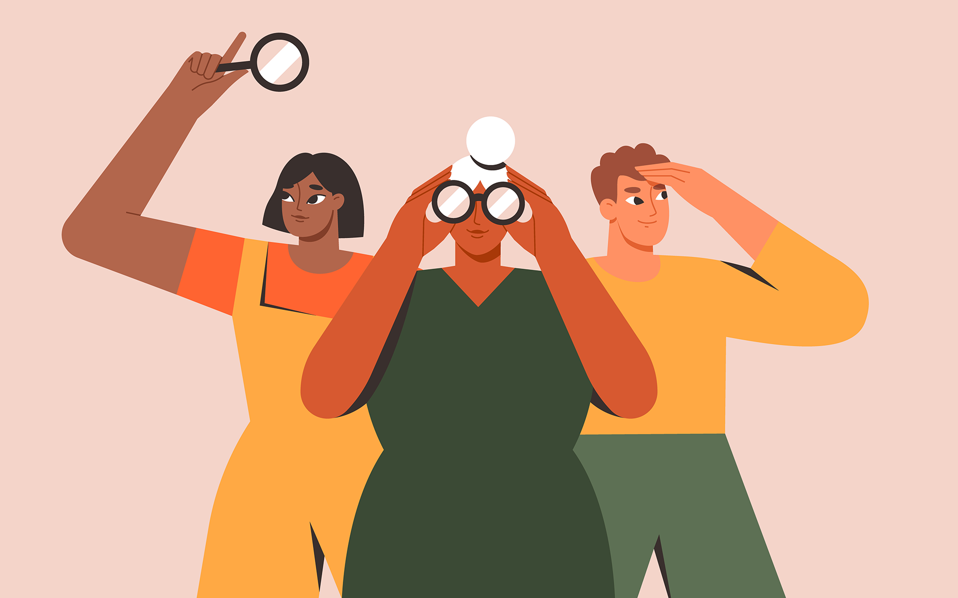 Illustration of three people looking through binoculars and a magnifying glass.