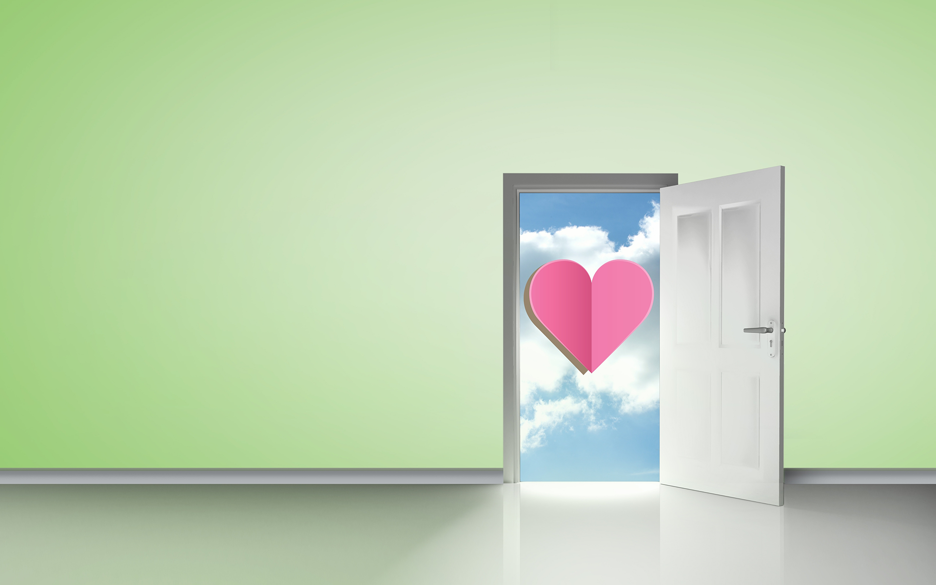 Image of a white door that stands open in the middle of a green wall. Through the open door is blue sky with a pink heart.