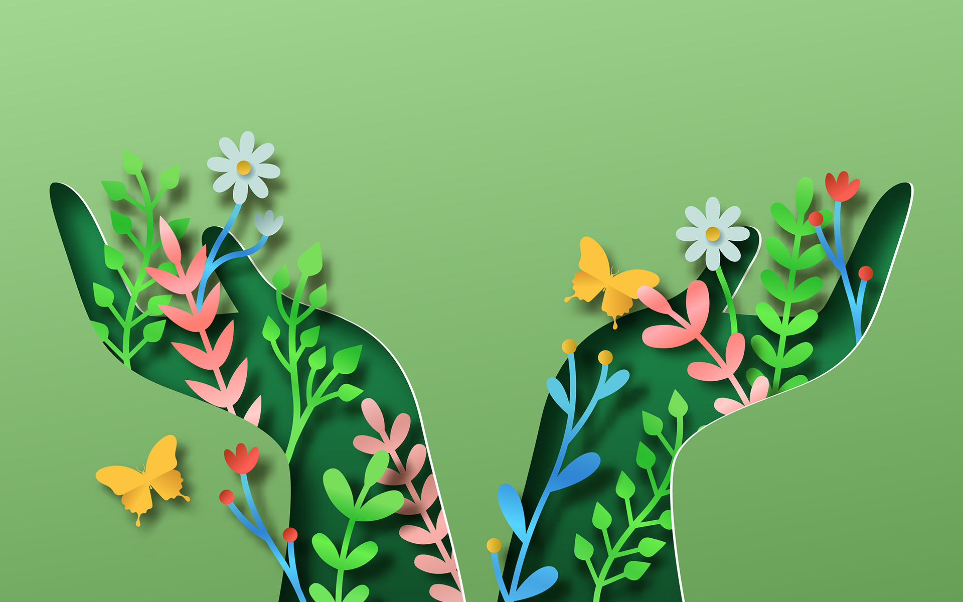 A 12-Minute Nature Meditation for Being in the Moment—Green paper cutout art of two hands with palms up to the sky with flowers, plants, and butterflies coming out of the hand cutouts and into the foreground.