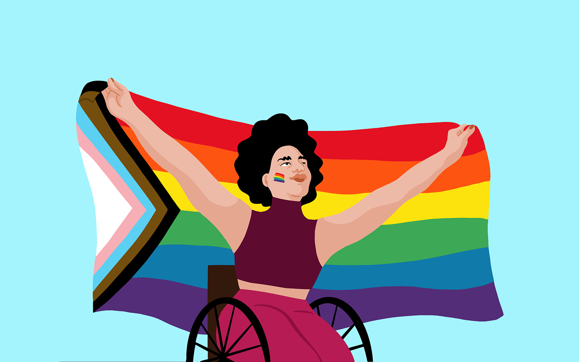 Illustration of a person using a wheelchair holding up the Philly Pride flag behind them over a light blue background. The person has short, black, curly hair, their skin is light, and they have a small rainbow on each of their cheeks.