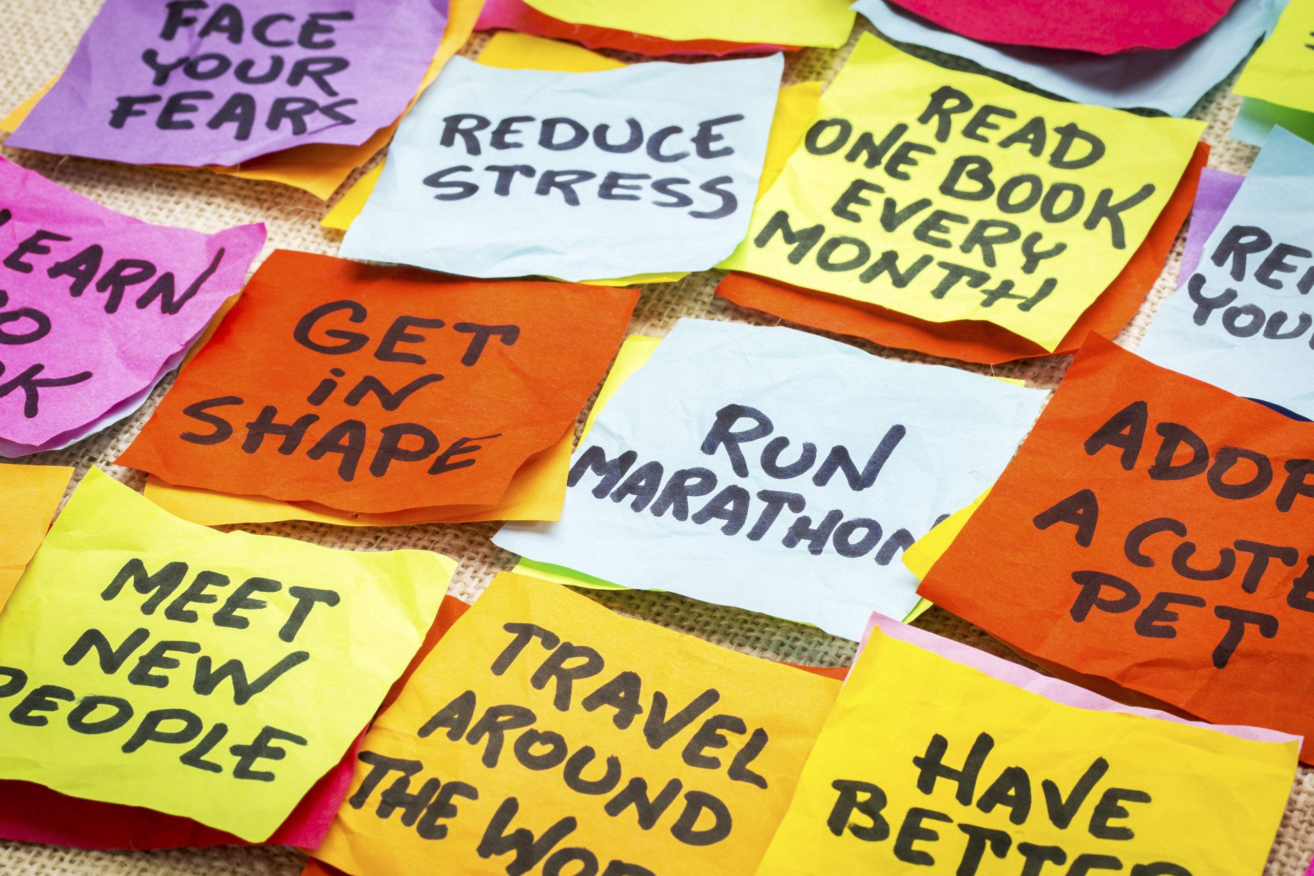A guided meditation to set your intentions for the new year - image of sticky notes with reminders written on them