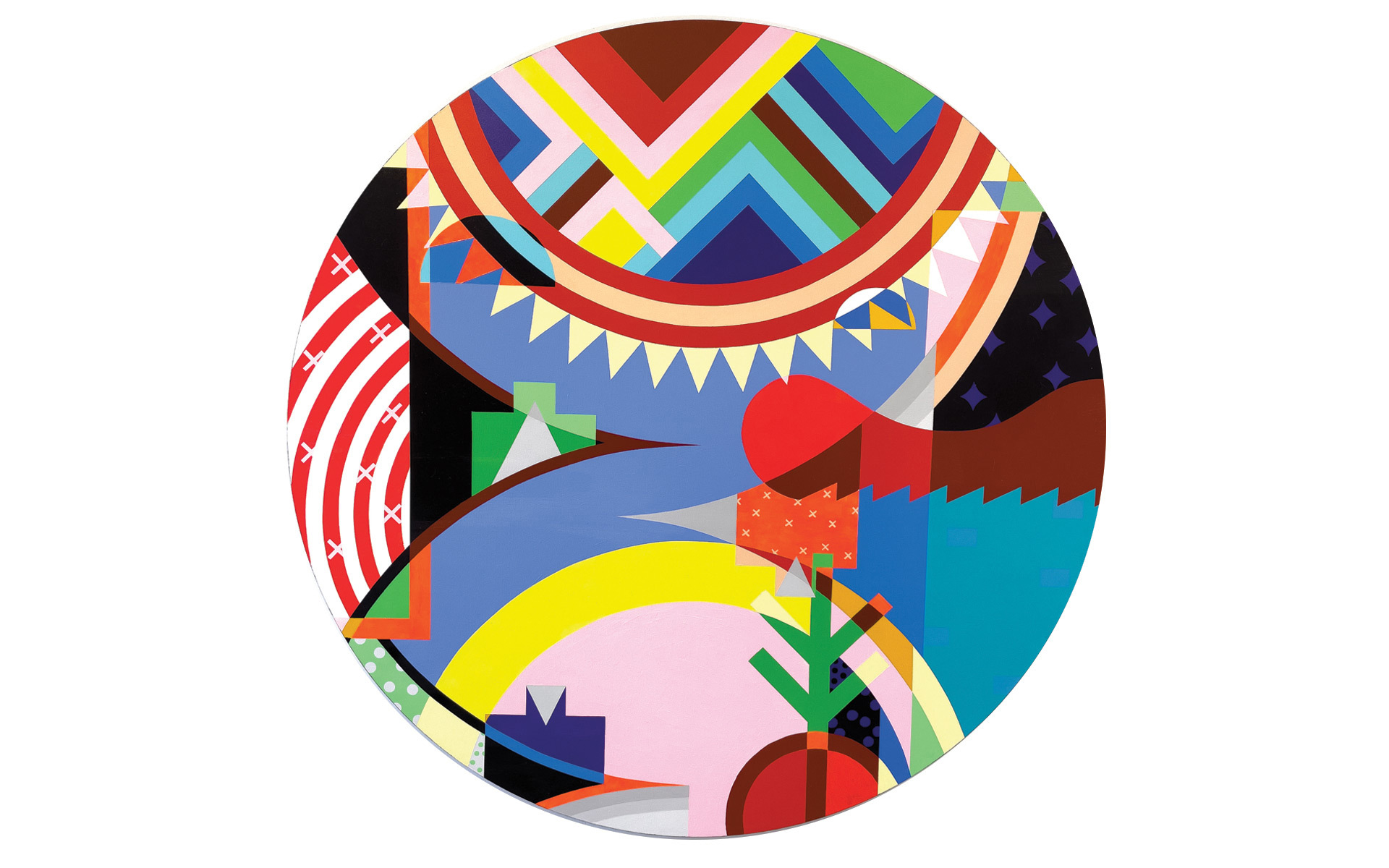 All Our Relations: Four Indigenous Lessons on Mindfulness—An abstract painting in a circle with many colors using Indigenous symbols and motifs.
