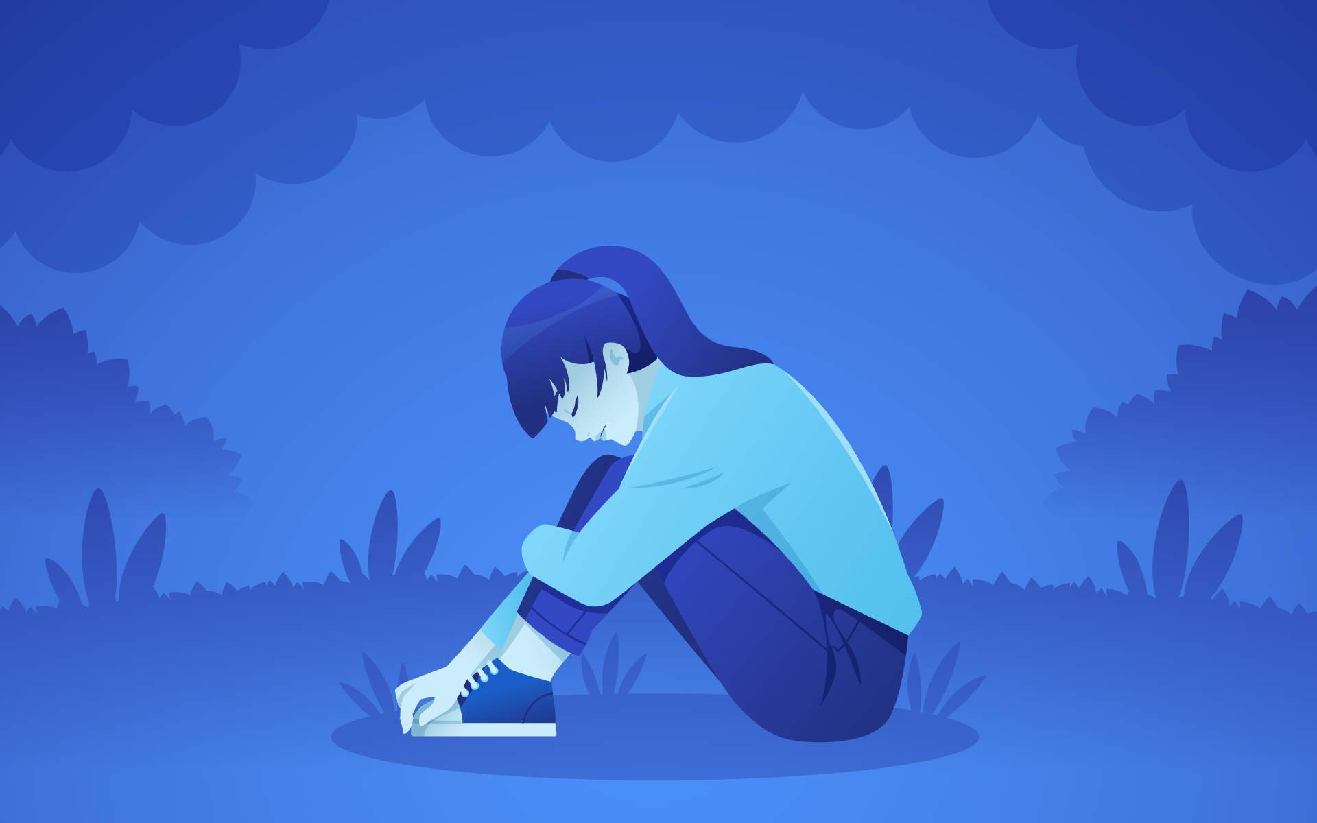 Illustration of a sad girl sitting with her head down, surrounded by blue tones, reflecting trauma and the struggle of being present.