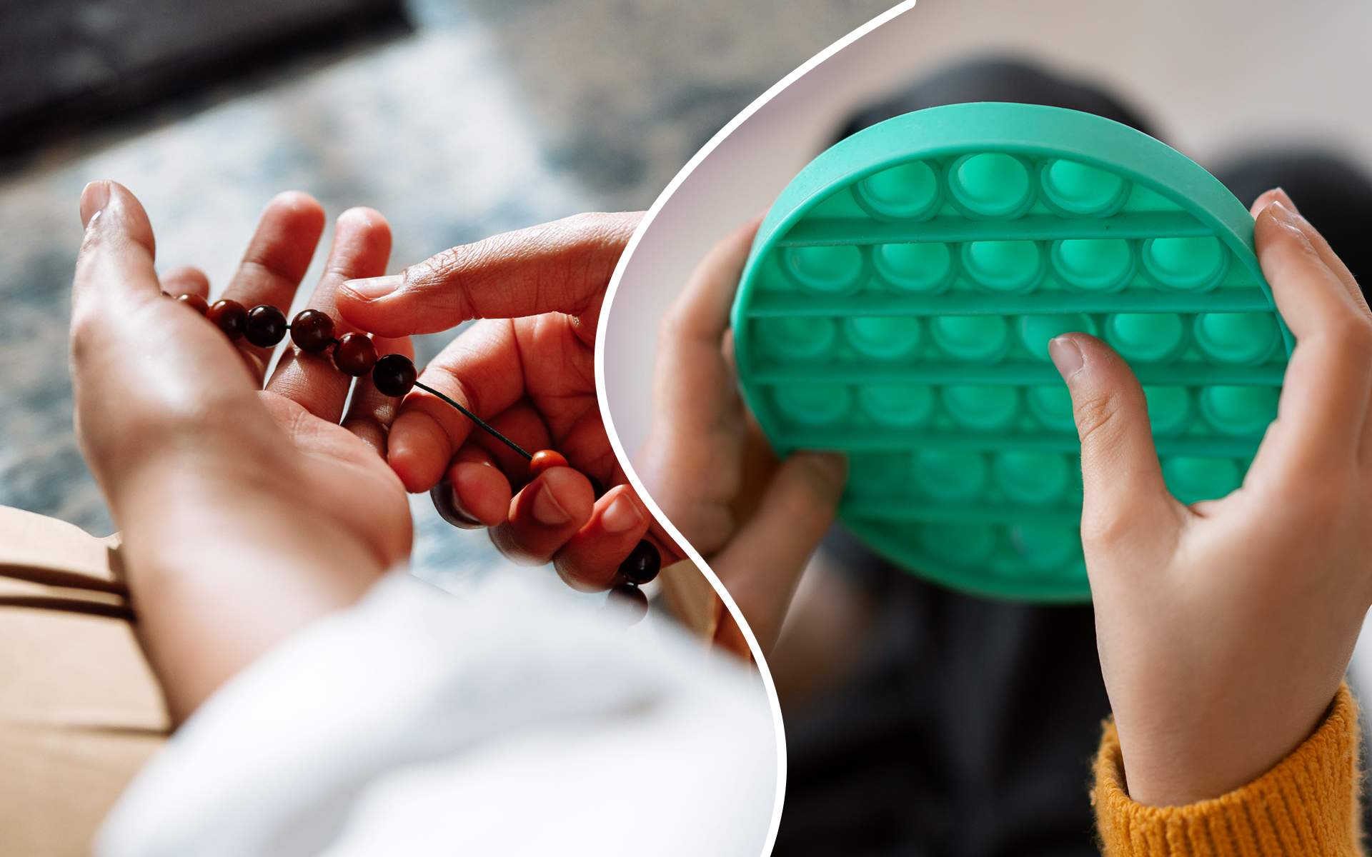 Image showing one person's hands holding prayer beads and another person's hands holding a fidget toy.
