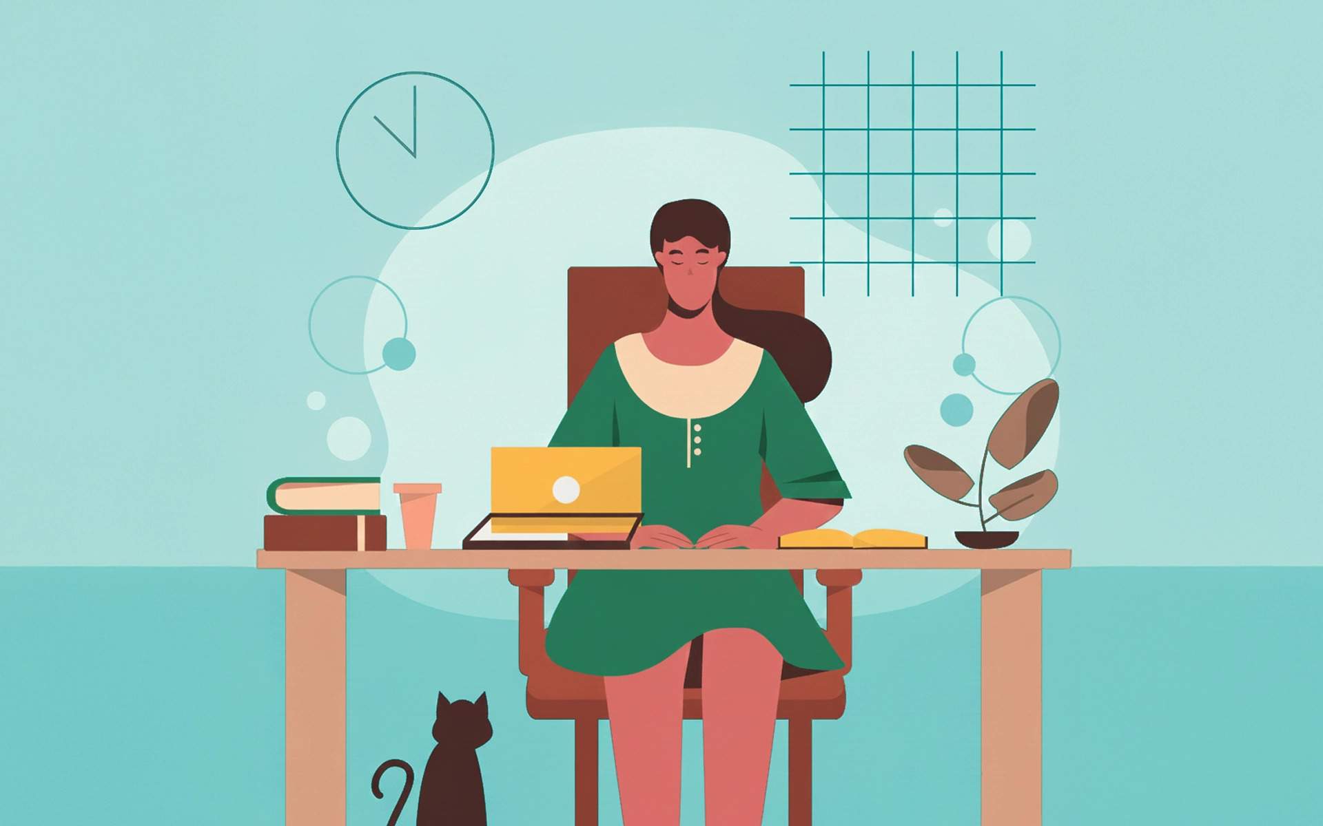 A stylized illustration of a woman sitting at a desk with a laptop, books, a plant, and a coffee cup. She appears calm and focused. A black cat sits by her feet. The background includes abstract shapes, a clock, and a grid pattern, creating a peaceful, organized atmosphere.