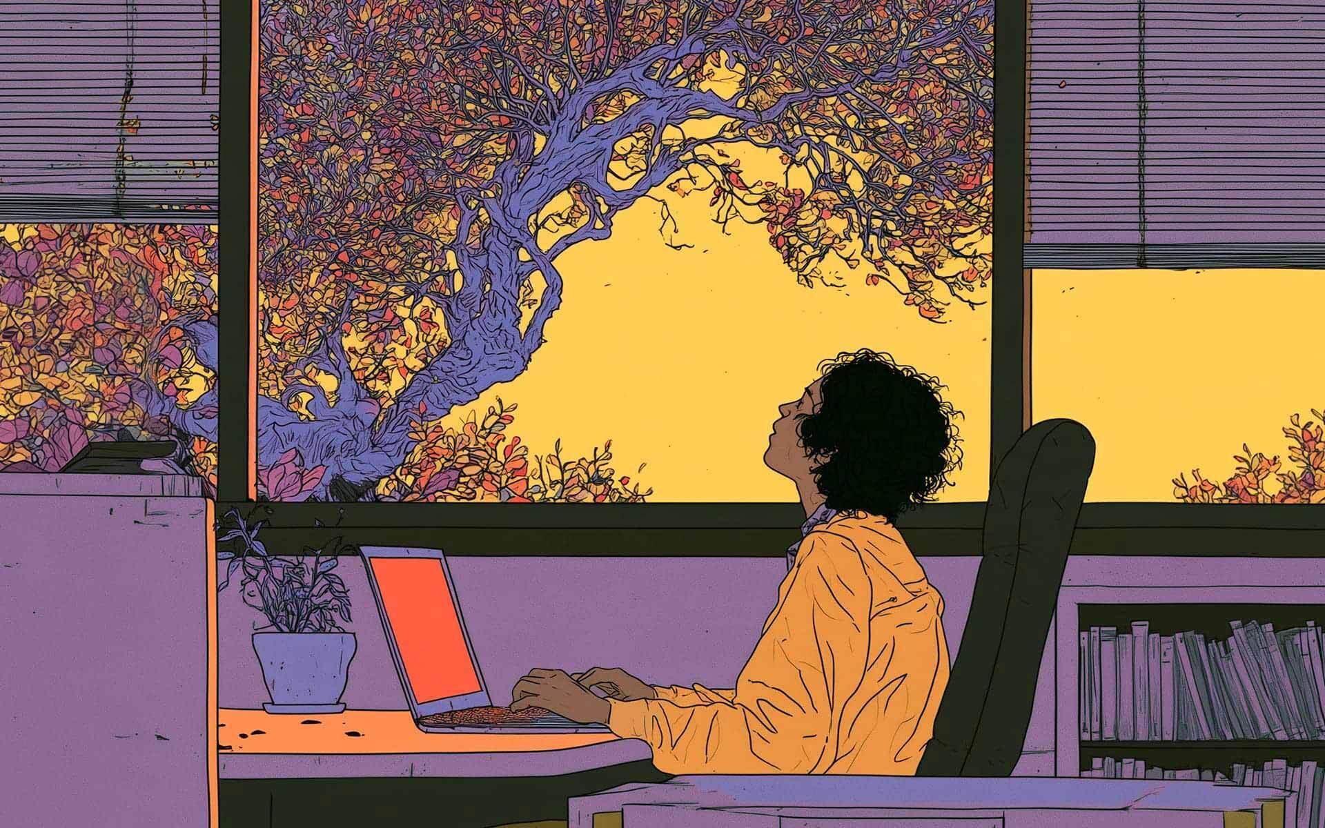 A person sits at a desk using a laptop, looking out a window to reconnect with nature through a view of vibrant autumn leaves against a yellow sky.