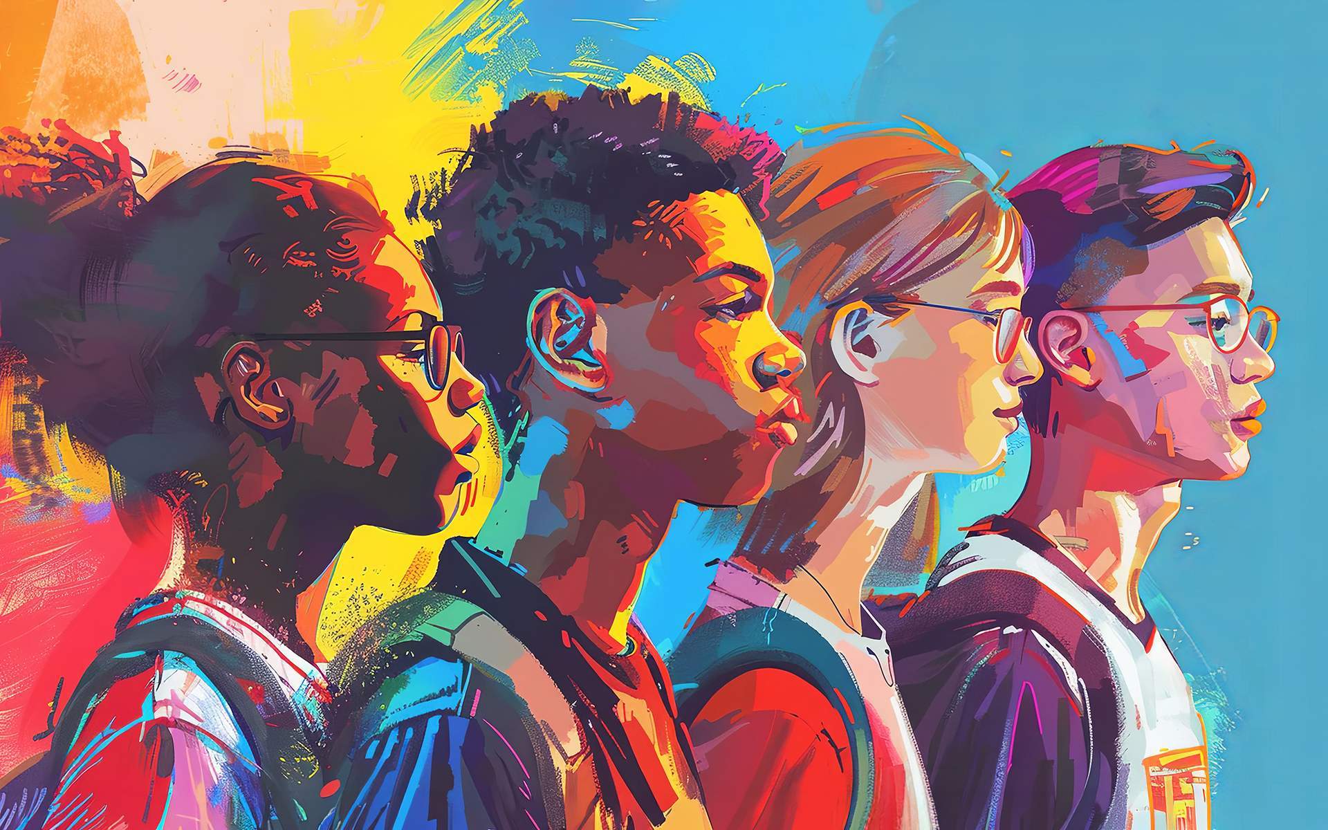 Four diverse teenagers with backpacks stand side by side, against a colorful, abstract painted background. Meant to represent the students who participate in the Peace in Schools Mindfulness Studies course.