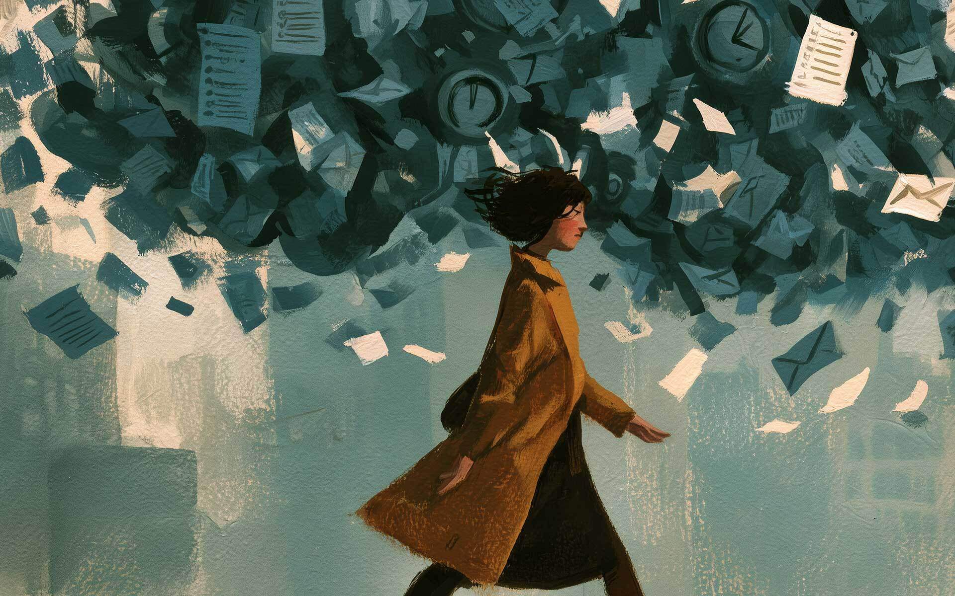 A woman in a tan coat walks forward amid a storm of clocks and documents, reflecting a meditation for people whose minds are never quiet.