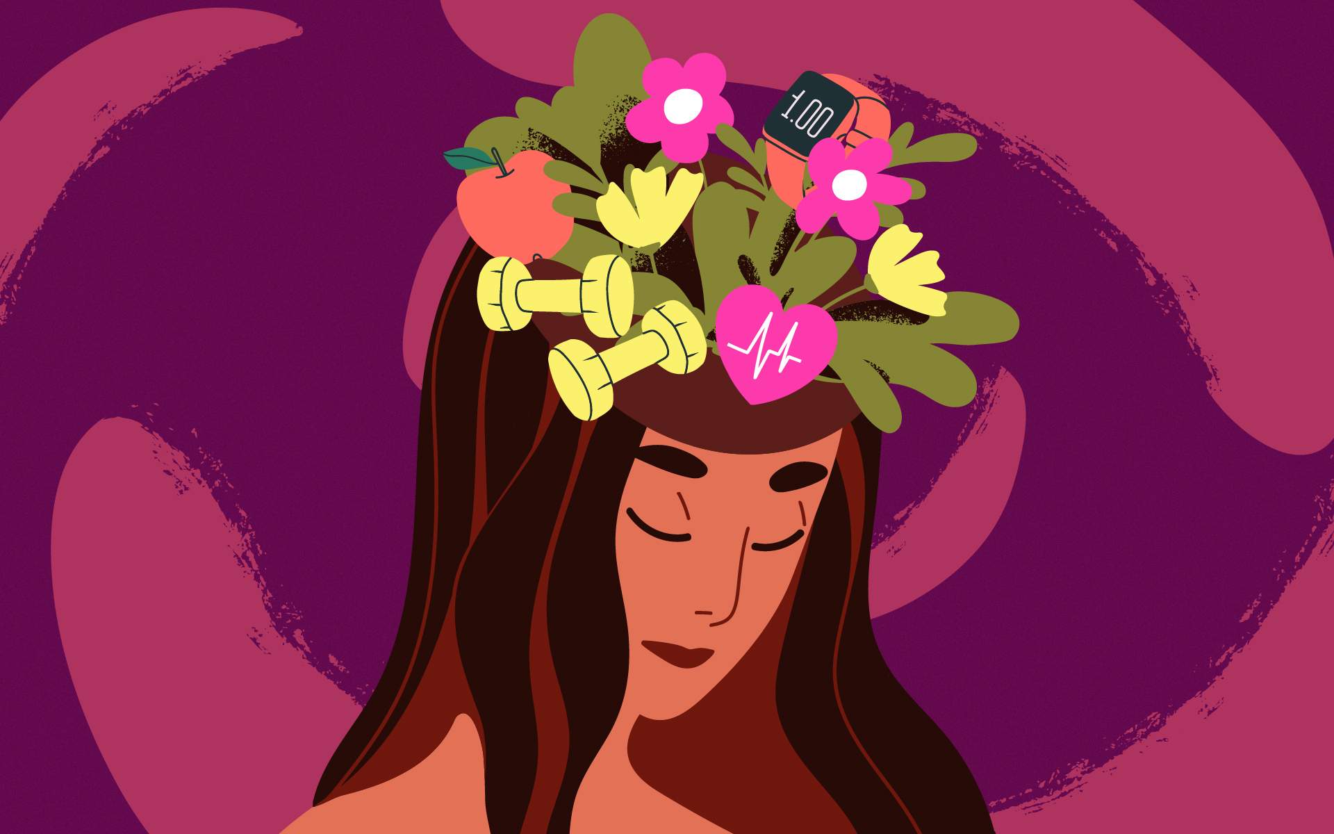 Flat-style illustration of a woman with her eyes closed against a deep purple and magenta background. Her head opens at the top like a planter, filled with green leaves and pink and yellow flowers alongside icons representing wellness: a red apple, a pair of yellow dumbbells, a smartwatch showing a timer, and a pink heart with a heartbeat line.