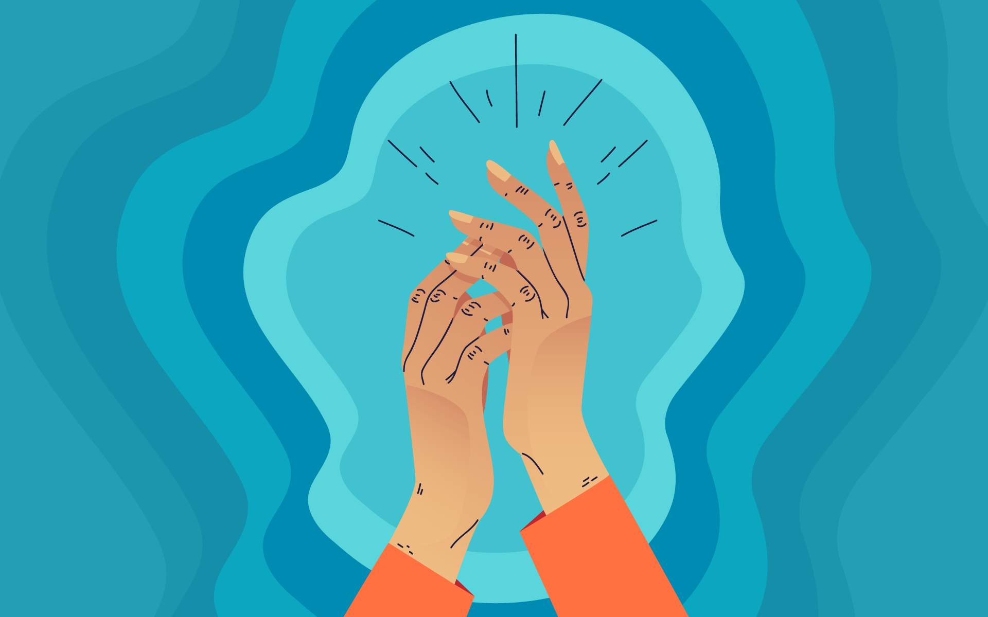 Illustration of two hands gently stretching the fingers and palms against a blue, wavy background, demonstrating techniques for releasing tension