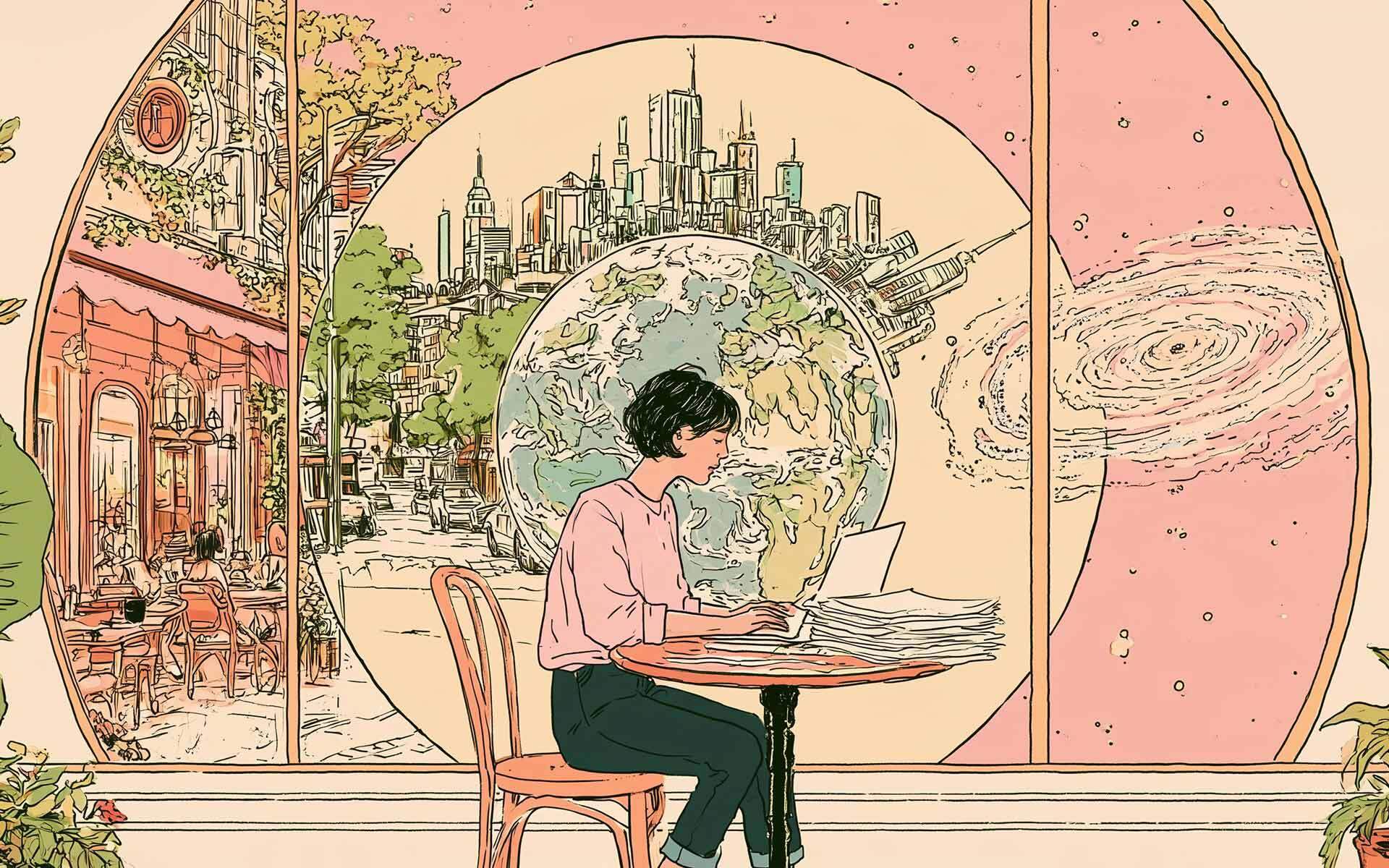 A small self sits at a cafe table working on a laptop, with a surreal backdrop of a city, Earth, and space visible through circular windows. Symbolic of the small self.