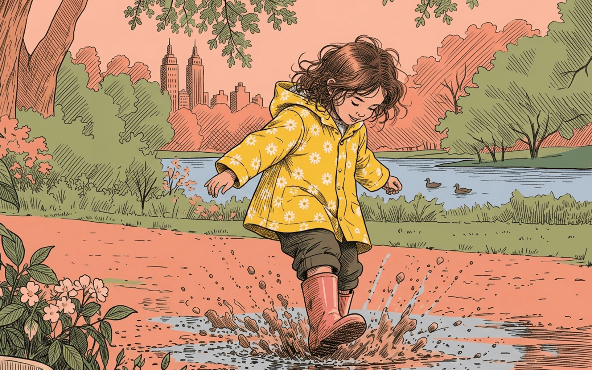 A young girl with curly brown hair, wearing a yellow floral raincoat and pink rain boots, joyfully splashes in a puddle on a park path. In the background, a lake with ducks is bordered by autumn trees and a distant city skyline, under a warm peach-colored sky, all rendered in a hand-drawn illustration style.