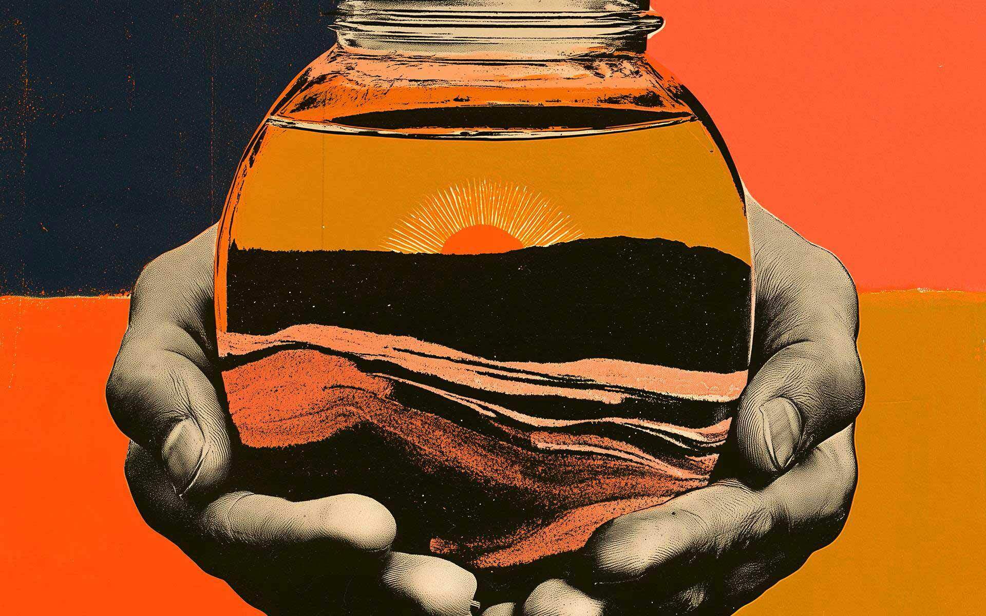 Two hands hold a glass jar containing a layered landscape with a sun setting over hills, evoking a sense of mindfulness and loving awareness.