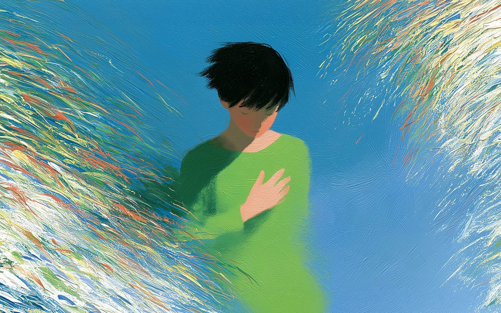 A person in a green shirt practices not reacting with a hand over their heart, framed by streaks of vibrant color against a blue background. Symbolizes the practice of not reacting.