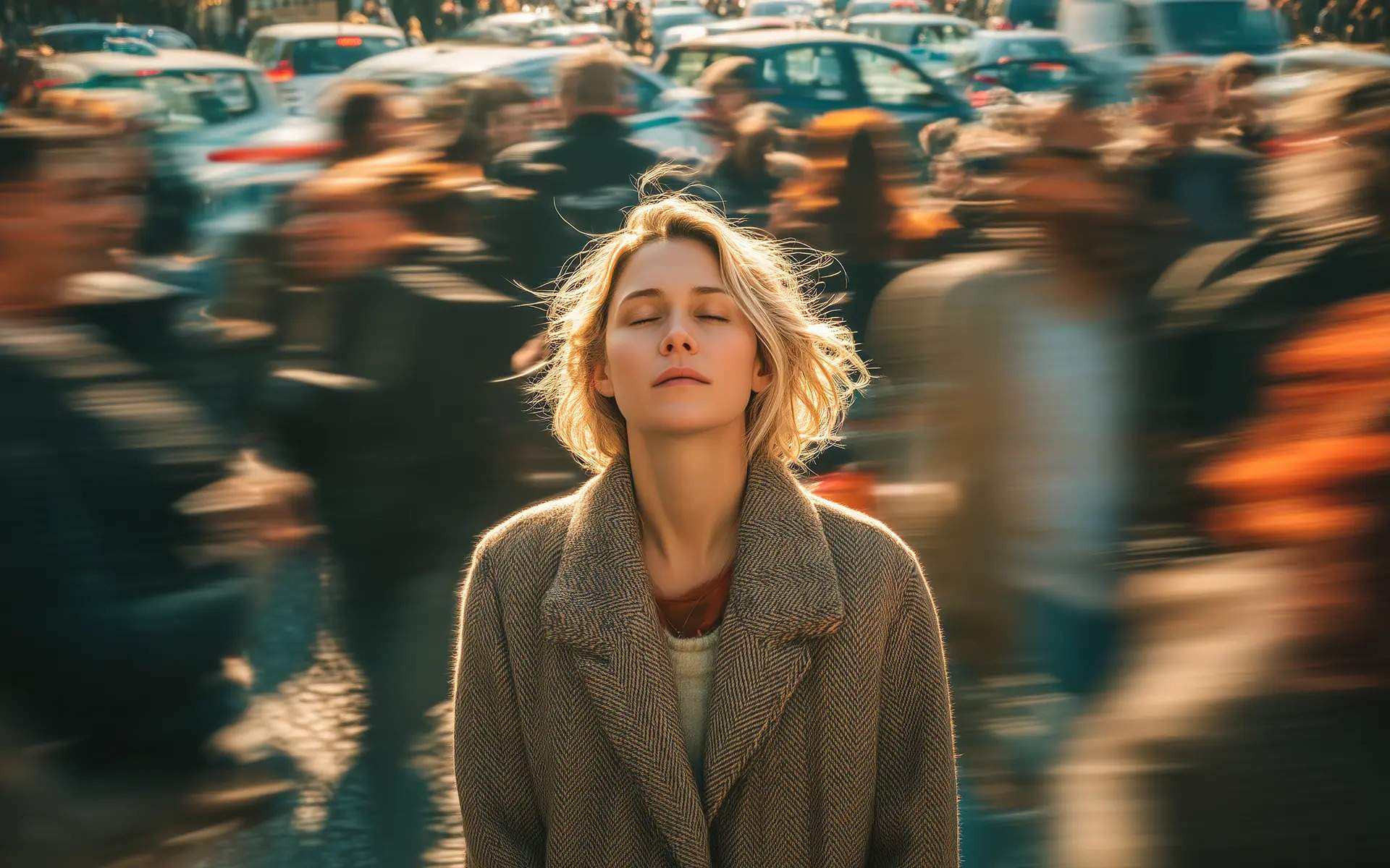 Woman standing calmly with eyes closed in the middle of a busy crowd, symbolizing mindfulness and inner peace amidst chaos.