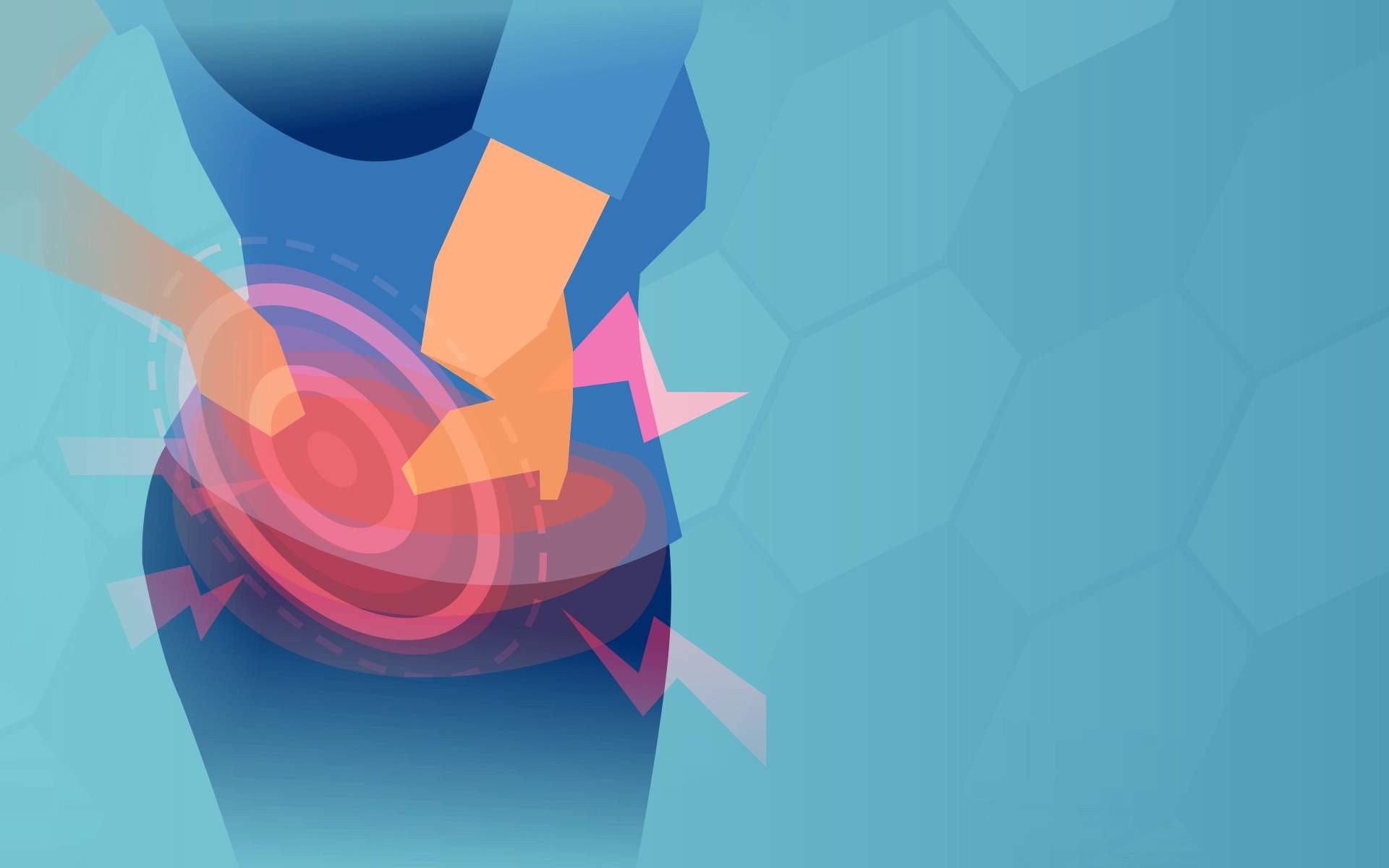 Illustration of a person holding their lower back with both hands, with red concentric circles and lightning-bolt shapes highlighting the area to show pain.
