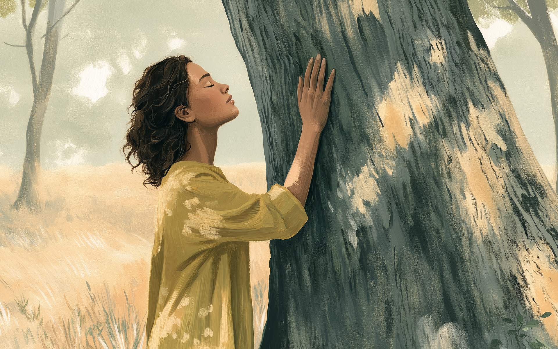 A woman in a yellow dress gently rests her hand against a large tree in a sunlit forest, eyes closed in a peaceful moment of connection.