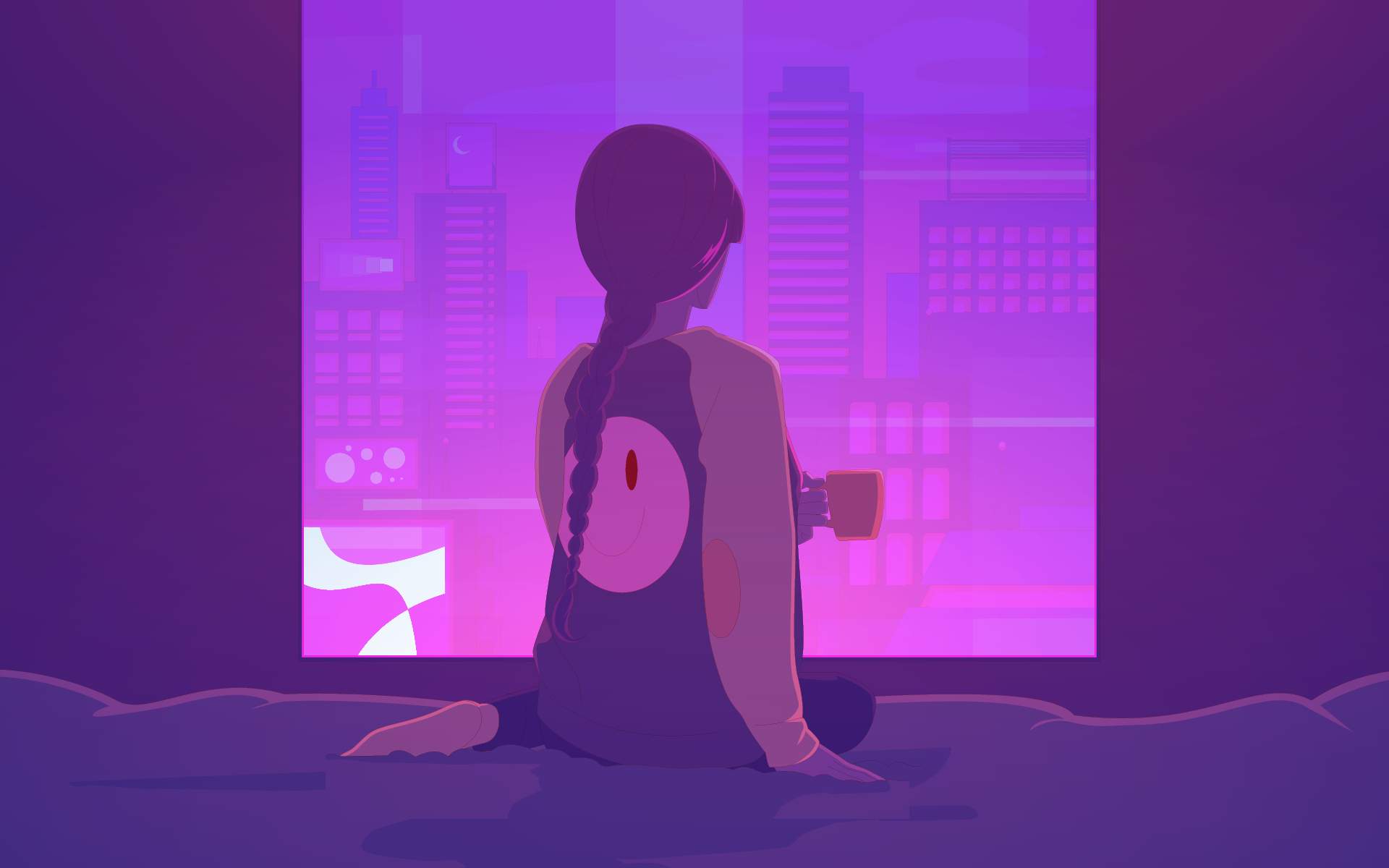A person with long braided hair sits on a bed, facing a large window overlooking a cityscape illuminated in purple and pink hues. They hold a cup in one hand and wear a long-sleeved shirt with a large smiley face design on the back. The atmosphere feels calm and reflective, with soft light from the city filling the room. Exploring why we wake up at night.