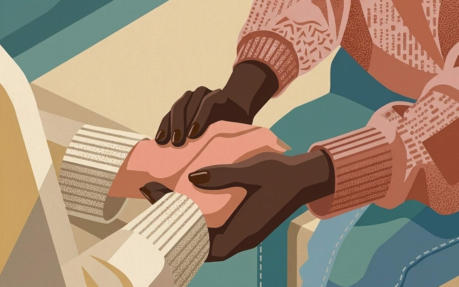 A therapist holds the hands of a patient, offering mental health care that is culturally appropriate for the patient's experience.