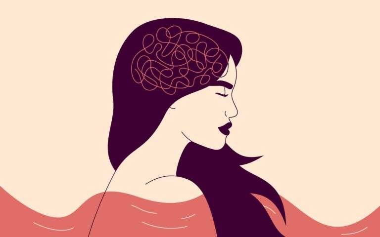 Depressed woman with flying hair stand in the choppy water. Lost girl feels frustrated and confused thinking. Concept of psychological problem, mental disease and brain illness.